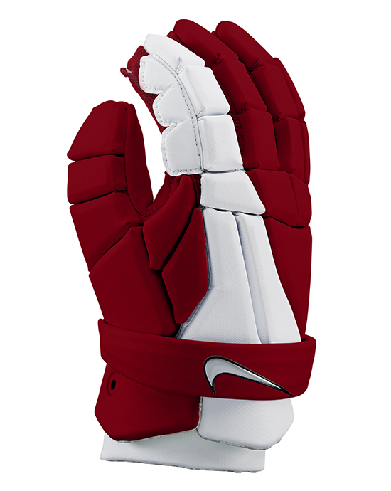 Red and white padded ice hockey glove with adjustable wrist strap and logo visible, showcasing our image recoloring services.