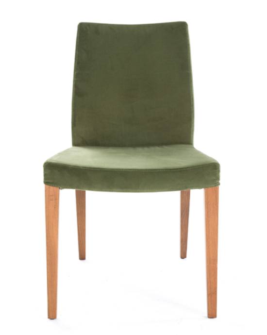 Vector conversion services for a modern green upholstered dining chair with wooden legs.