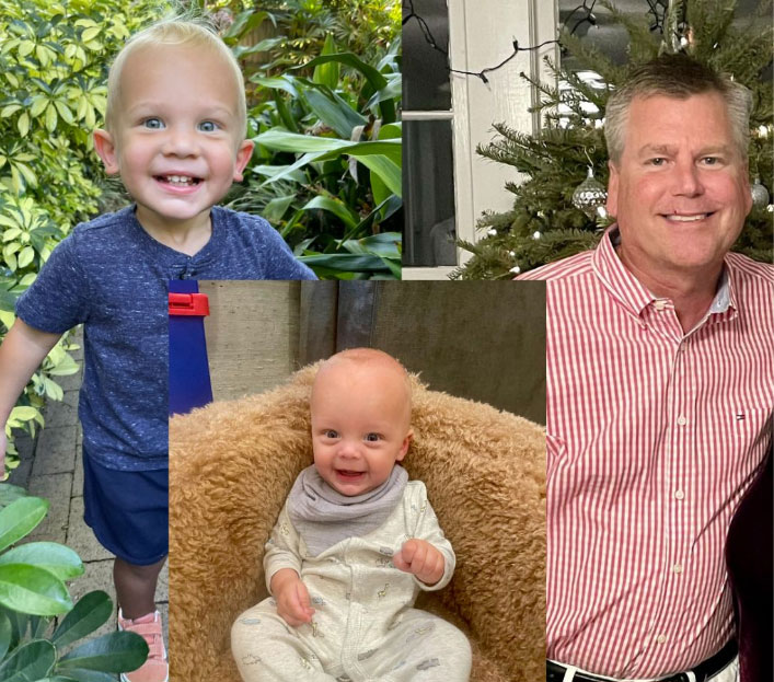 Photo resizing services for a collage of three smiling males: a toddler outdoors, baby in chair, and mature man indoors.