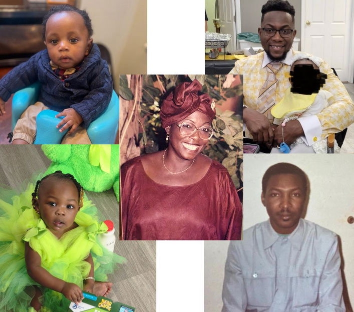 Photo resizing services for a collage of five family members: two babies, smiling woman, man in glasses, and vintage gray photo.