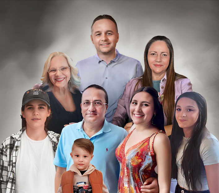 Photo resizing services for a multigenerational family portrait of nine members, smiling against a gray background.
