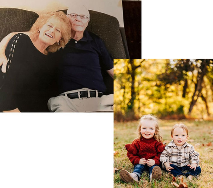 Elderly couple smiling on a couch; two young children laughing on grass in a sunny autumn setting.