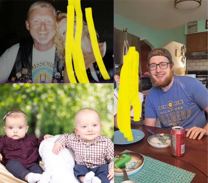 Photo resizing services for a collage of four images: one obscured, young man at a table, baby holding a toy, and older man smiling.
