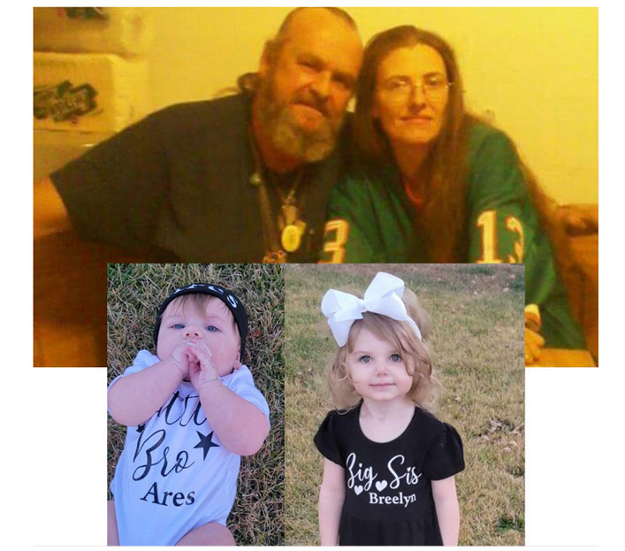 Photo resizing services for a couple in green jerseys, a baby in "Lil Bro Ares" onesie, and a girl in "Big Sis Breelyn" shirt.