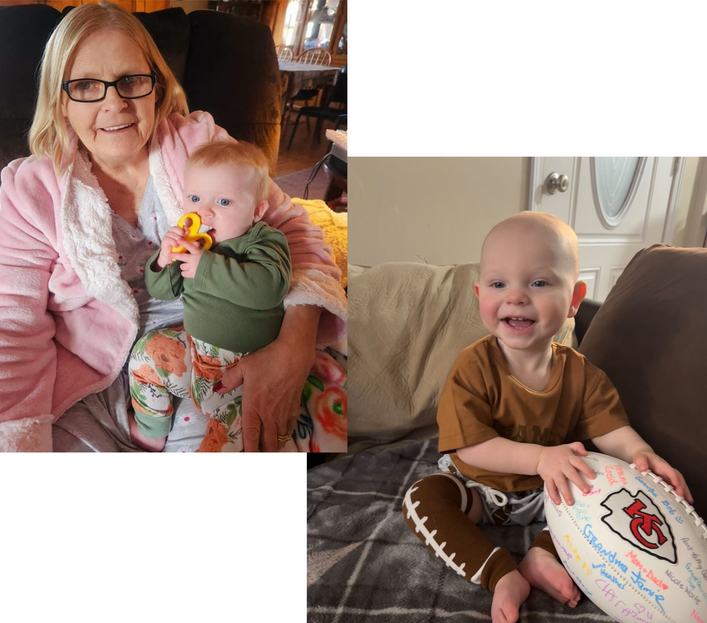 Photo resizing services for an elderly woman holding a baby on the left and a toddler smiling with a football on the right.