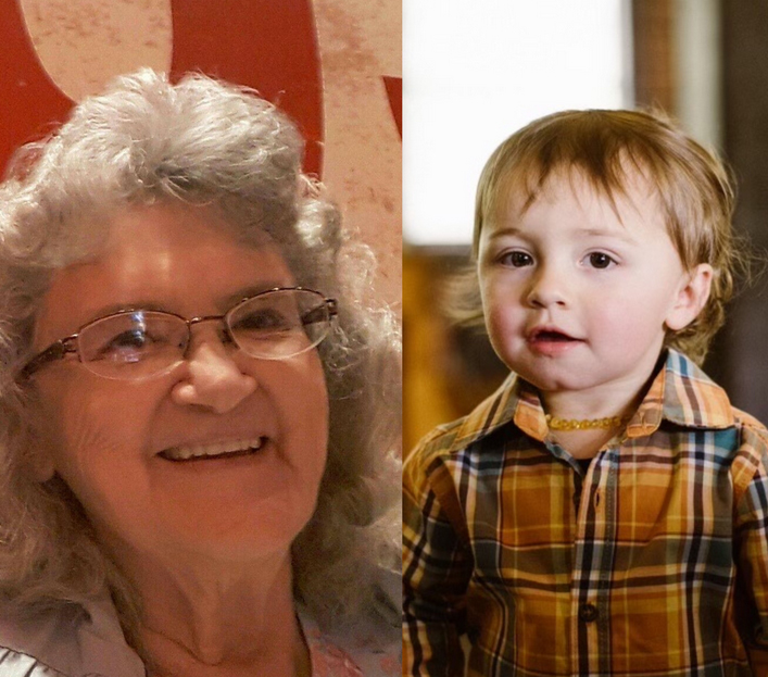 An elderly woman with curly gray hair and glasses, smiling, next to a toddler boy in a plaid shirt looking curious.