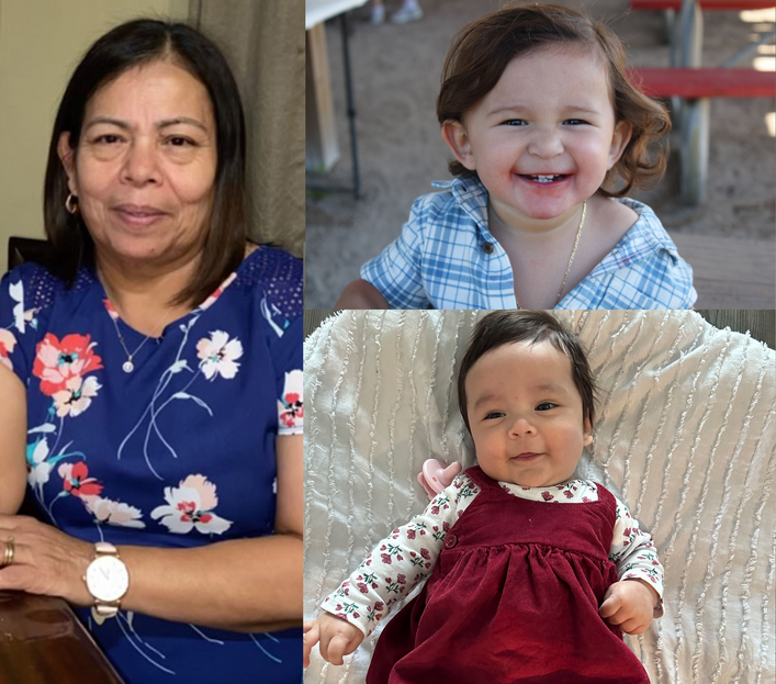 Photo resizing services for a collage of three images: an adult woman in a floral dress, a toddler in blue, and a baby in a red dress.