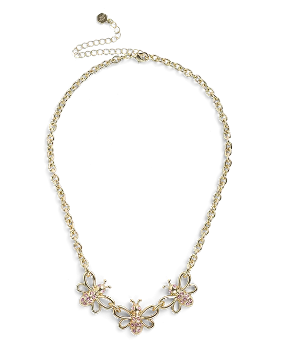 Clipping Path service for a gold necklace with floral pink crystal pendants on a white background.