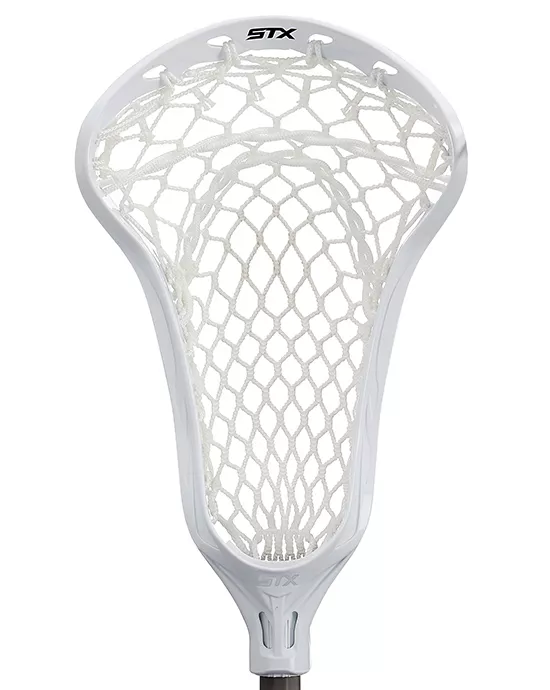 Close-up of a white lacrosse head with mesh netting, branded by STX, showcasing our image recoloring services.