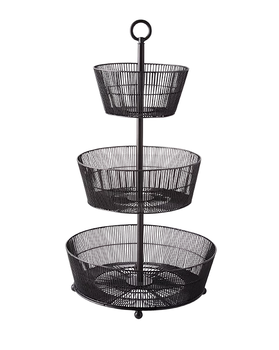 Clipping Path service for a three-tiered metal storage basket on a vertical pole, isolated on a white background.