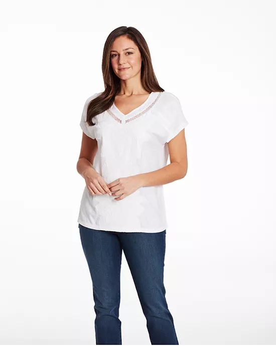 2_Before Woman in white V-neck shirt and blue jeans posed brightly for Image Resizing Services.