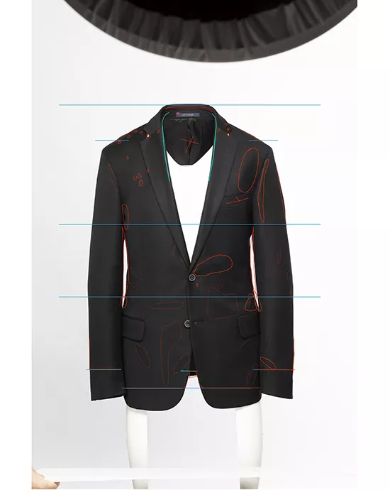 3_Before Black blazer on mannequin with measurement lines, shown for Image Resizing Services.