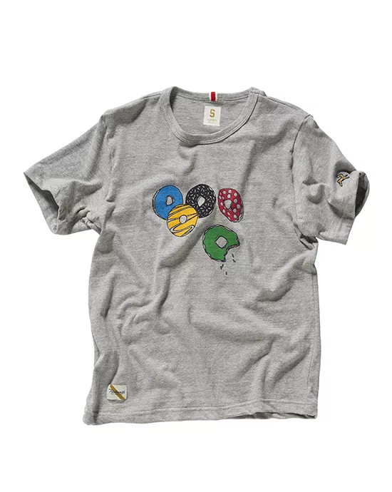 Gray t-shirt with cartoon-style colorful donuts printed on the front for a playful look.