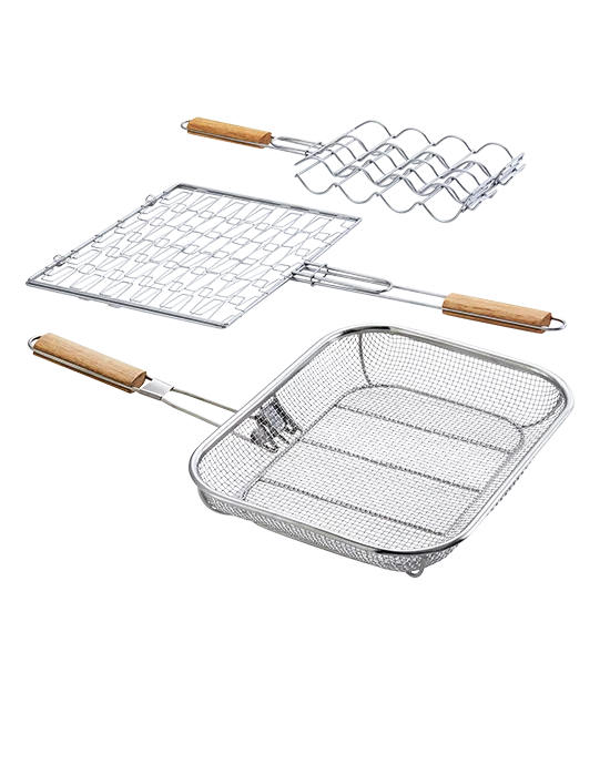 Clipping Path service for three different types of metal grilling baskets with wooden handles on a white background.