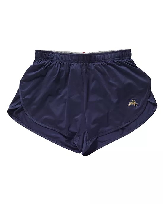 Dark blue running shorts with an elastic waistband and a small logo on the left leg.