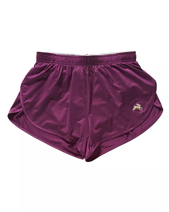 Purple athletic shorts with an elastic waistband and a small logo on the left leg.