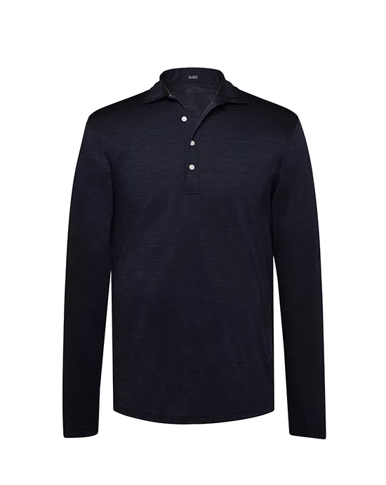Dark navy long-sleeve polo shirt with three-button placket and relaxed fit, great for casual or semi-formal wear.