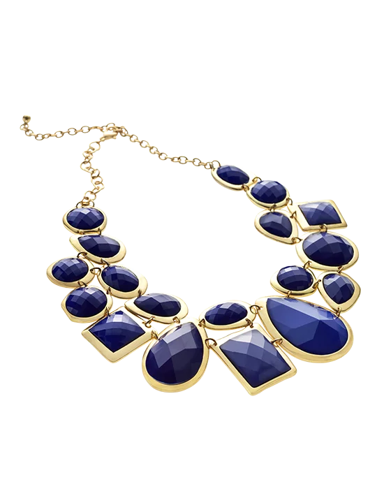 Elegant gold necklace with large, faceted deep blue gemstones arranged in a geometric design on a white background.