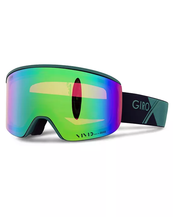 Colorful ski goggles with green and purple lens and "GIRO" logo on black strap.