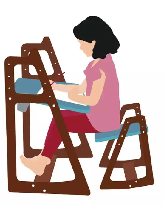 Vector conversion services showing a girl writing in a book at a simple wooden desk.