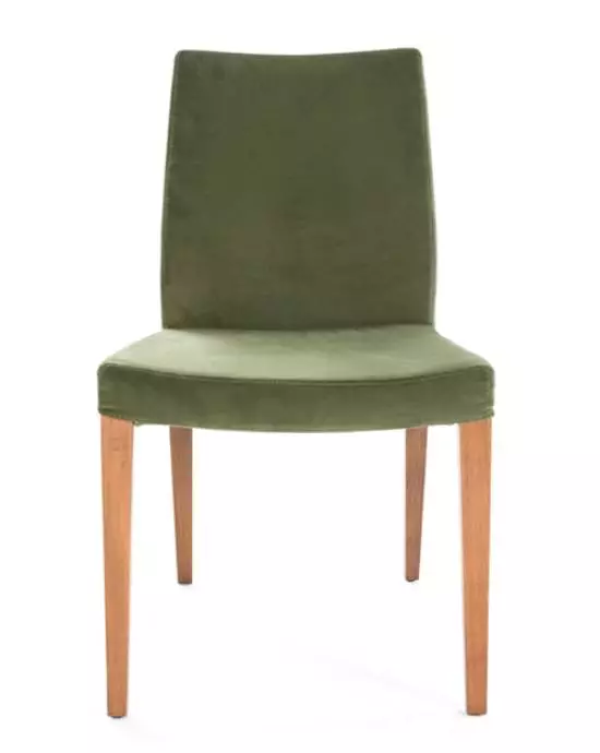 Vector conversion services for a modern green upholstered dining chair with wooden legs.