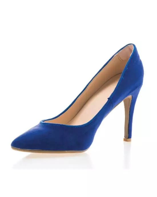 Vector conversion services example of a blue high-heeled shoe with gold heel on white background.
