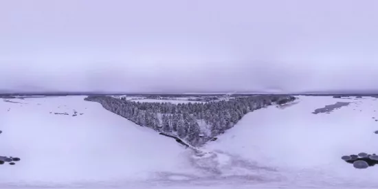 Panoramic winter landscape with snow and trees along a river, enhanced using Clipping Path service.
