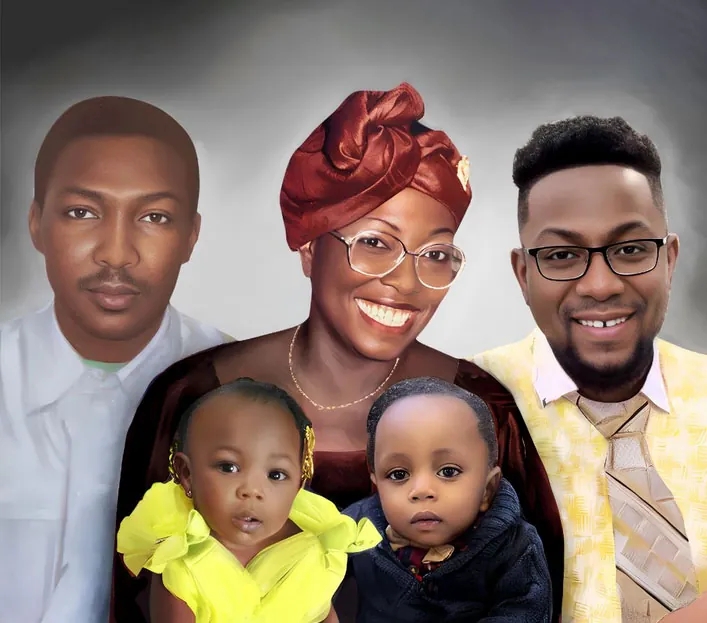 Photo resizing services for a family portrait with four adults and two toddlers in colorful outfits against a soft gray background.