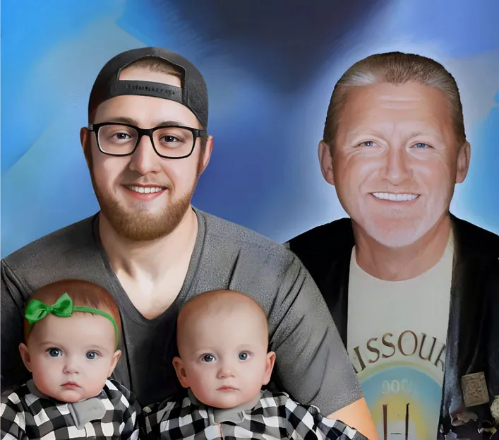 Photo resizing services for a man holding two babies beside an older man's portrait, all smiling against a blue backdrop.