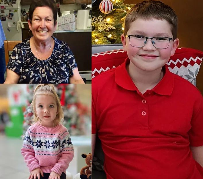 img10-before Photo resizing services for a collage of three smiling people: an older woman, a boy in a red shirt, and a girl in a pink sweater.