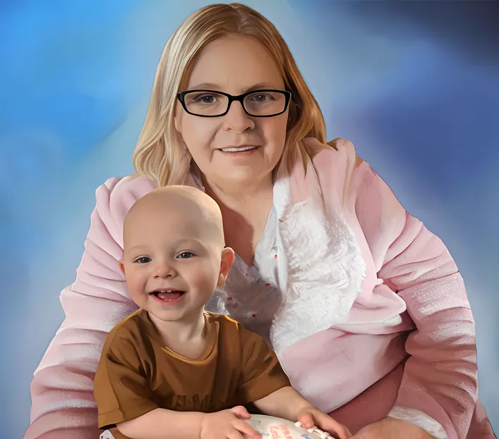 Photo resizing services for a woman with glasses and a smiling baby, both posing for a portrait against a blue background.