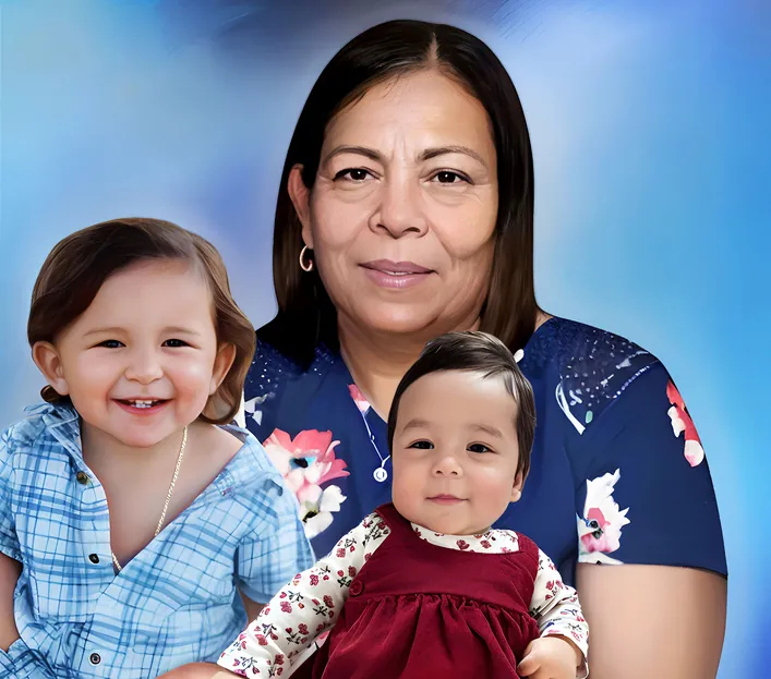 Photo resizing services for a grandmother with two young grandchildren smiling against a soft blue background.